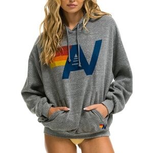 Aviator Nation Logo Pullover Relaxed Hoodie Heather Grey Large